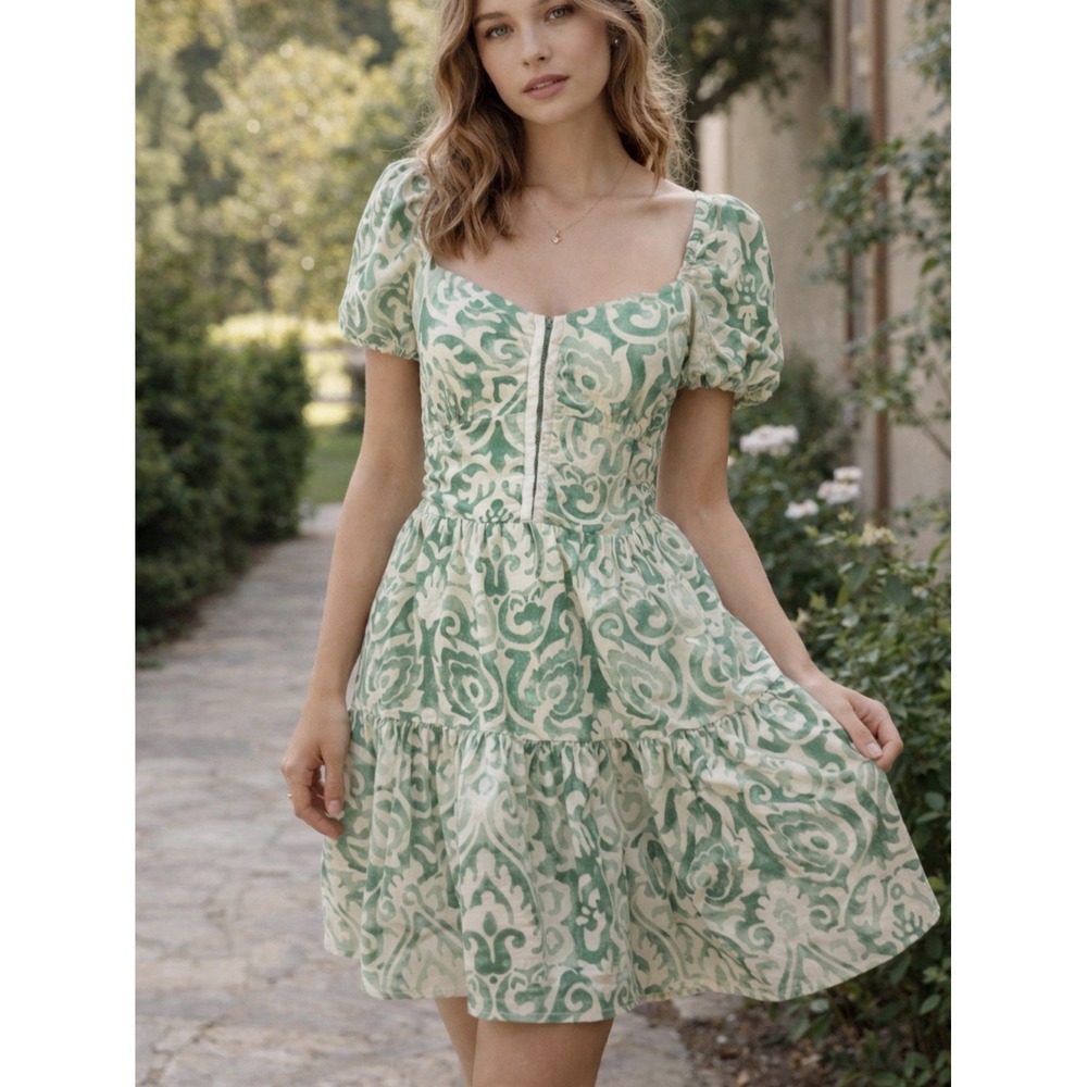 NEW House of Harlow 1960 Linen Blend Print Tiered Puff Sleeve Mini Dress Size L